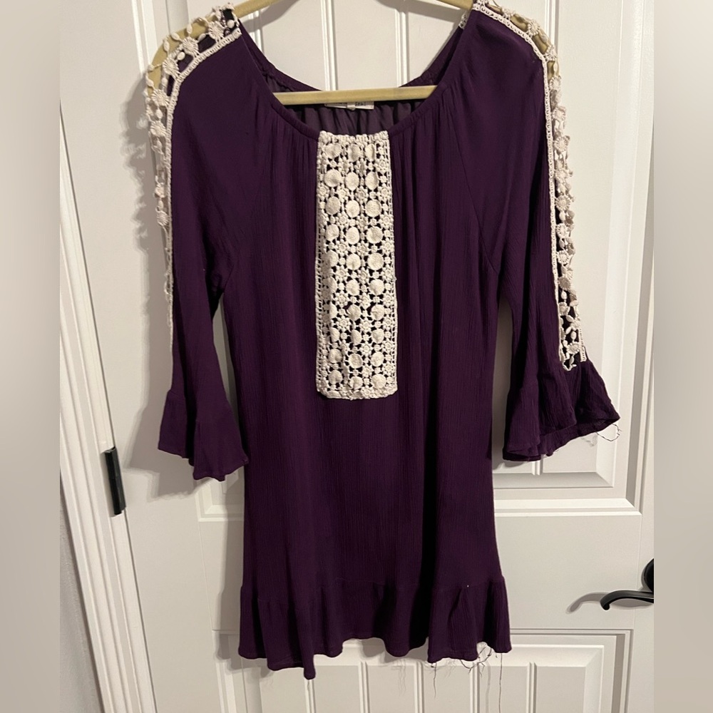 #1675. Indigo Soul Purple 3/4 Ruffle Sleeve Dress w/Crochet Details. Size L